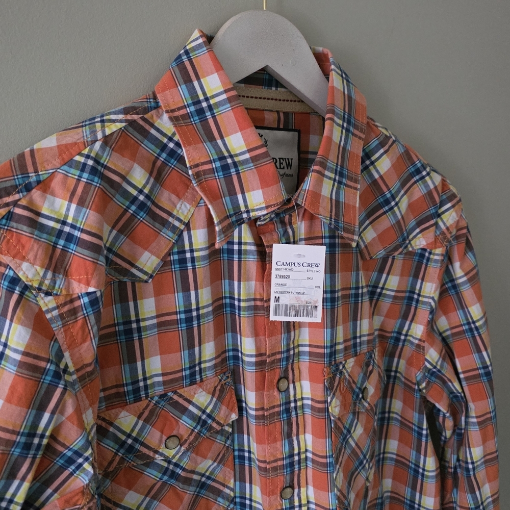 NWT Campus Crew M Deadstock Vintage Y2K Western Madras Plaid Pearl Snap Shirt - Picture 7 of 15